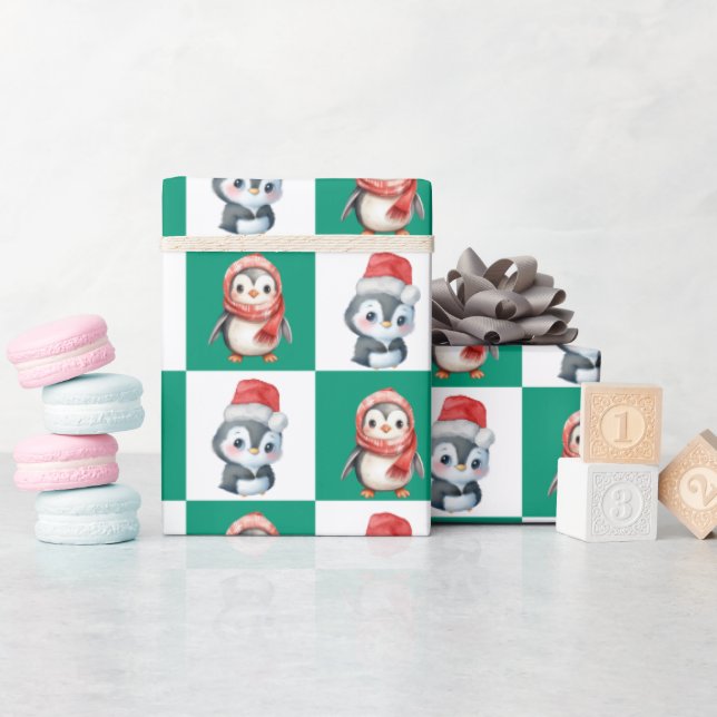 Penguin Santa vattenfärgen God jul mönster Presentpapper (Baby Shower)