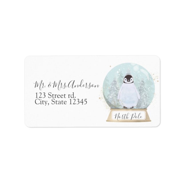Penguin Snö Globe Winter Address Label Jul Adressetikett (Framsidan)