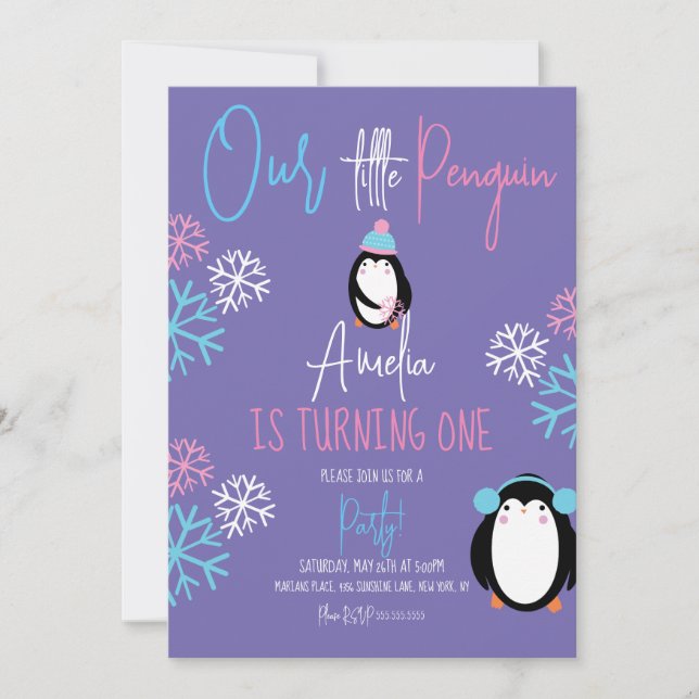 Penguin Snöflingor Rosa Blue 1:a Birthday Violet Inbjudningar (Framsida)