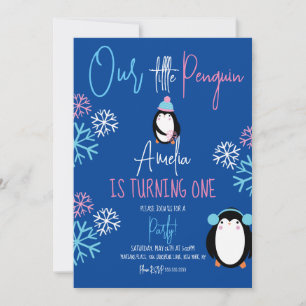 Penguin Snöflingor Rosa Blue 1 Birthday Party Inbjudningar