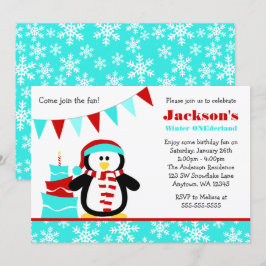 Penguin Snöflingor Teal Winter Onederland födelsed Inbjudningar
