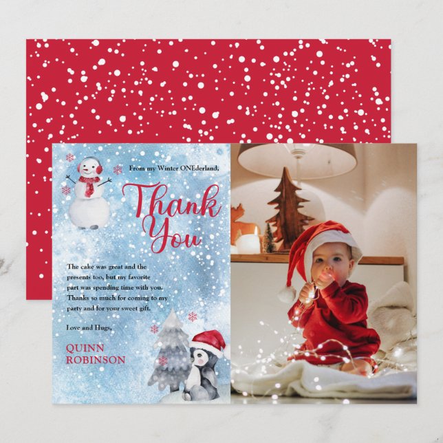 Penguin Snögubbe ONEderland 1:a födelsedagen Tack (Fram/baksida)