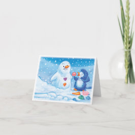 Penguin & Snögubbe, stort julkort Helgkort