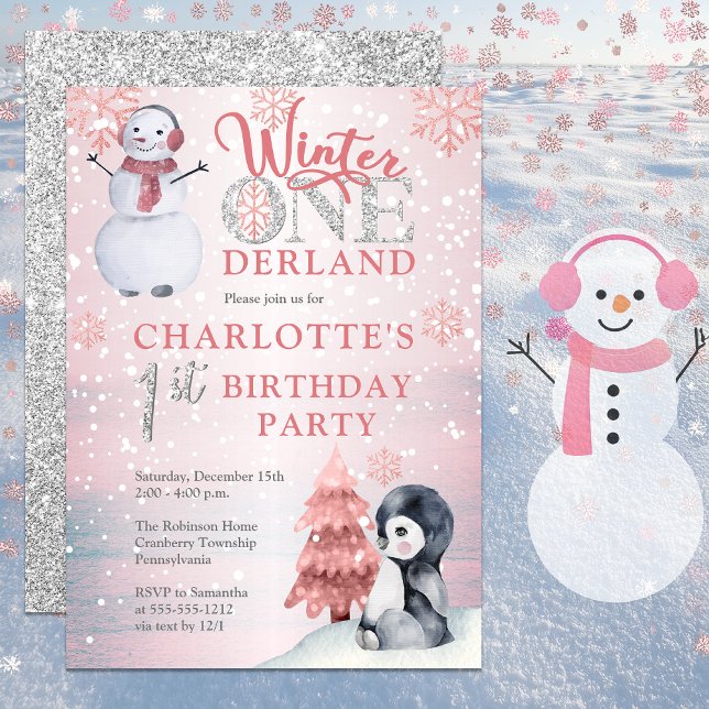 Penguin | Snögubbe Winter ONEderland 1:a födelseda Inbjudningar (Pink Winter "One"derland Onederland Wonderland Girl's 1st Birthday Party Invitation -Print | Digital)