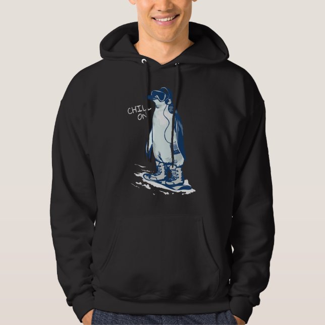 Penguin Snowboarding Lyssna och Chill Hoodie (Framsida)
