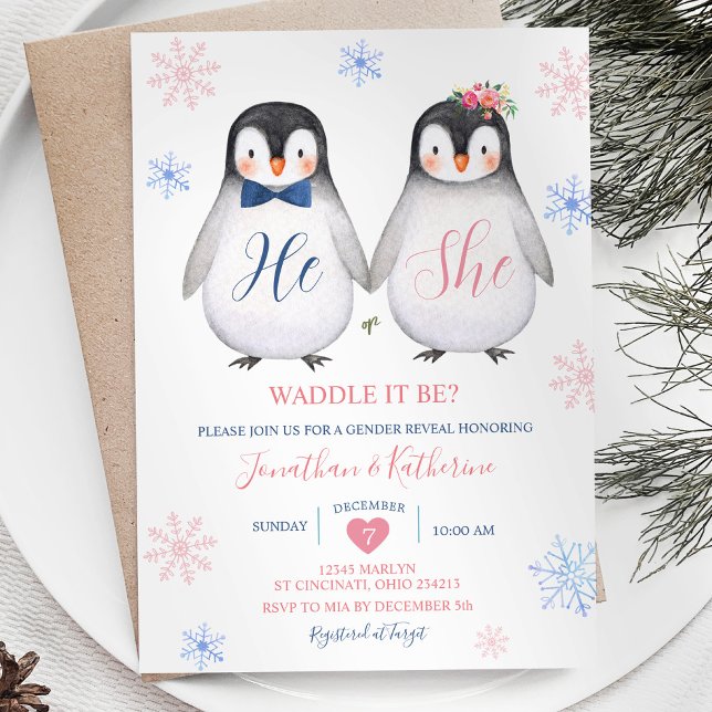 Penguin Snowflake Han eller hon Gender Reveal Inbjudningar (Skapare uppladdad)