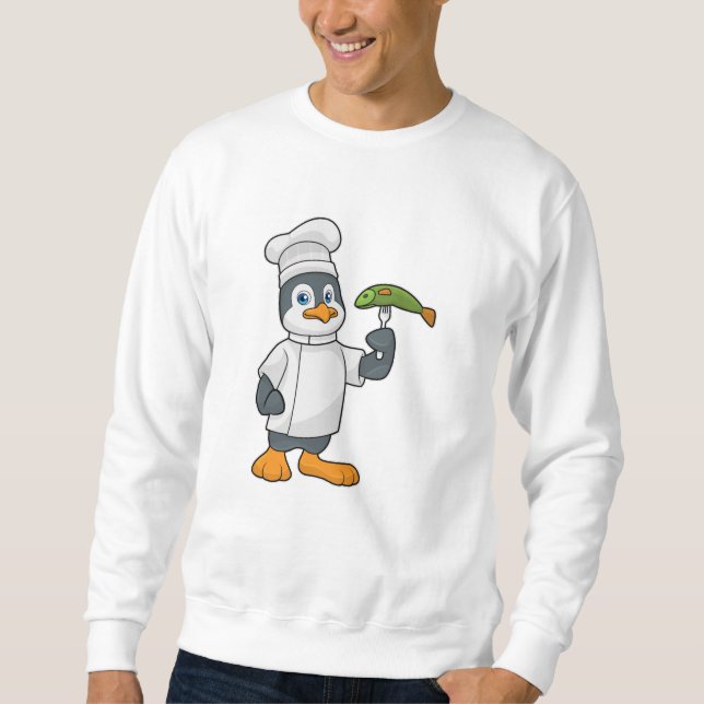 Penguin som Cook med Fish & Cooking apron Lång Ärmad Tröja (Framsida)