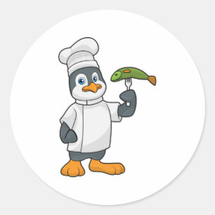 Penguin som Cook med Fish & Cooking apron Runt Klistermärke