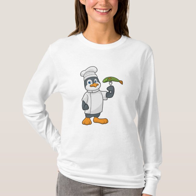 Penguin som Cook med Fish & Cooking apron T Shirt (Framsida)