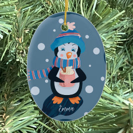 Penguin som dricker hett kakaoornament personlig julgransprydnad keramik