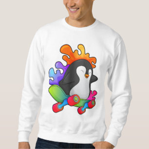 Penguin som Skater med Skateboard Lång Ärmad Tröja