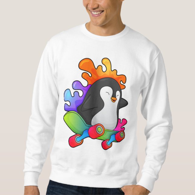 Penguin som Skater med Skateboard Lång Ärmad Tröja (Framsida)