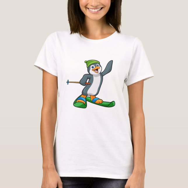 Penguin som Skier med skal och tak T Shirt (Framsida)