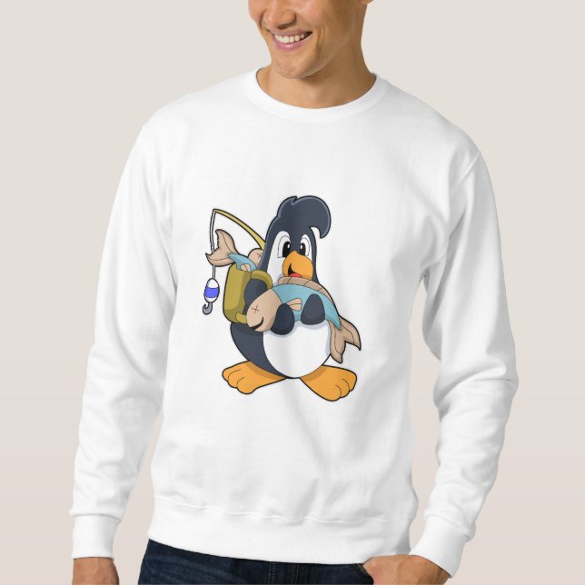 Penguin som vinkelrät mot fisk lång ärmad tröja (Framsida)
