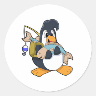 Penguin som vinkelrät mot fisk runt klistermärke