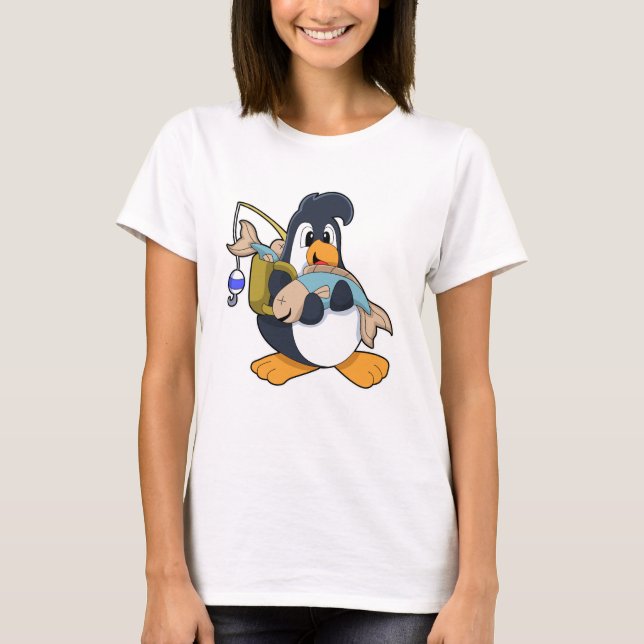 Penguin som vinkelrät mot fisk t shirt (Framsida)