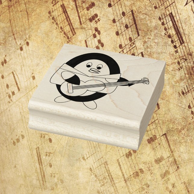 Penguin Spela Guitar Cute Stämpel (A cute stamp of a penguin playing guitar.)