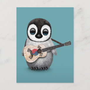 Penguin spelar Sydkoreanska Flagga Guitar Blue Vykort