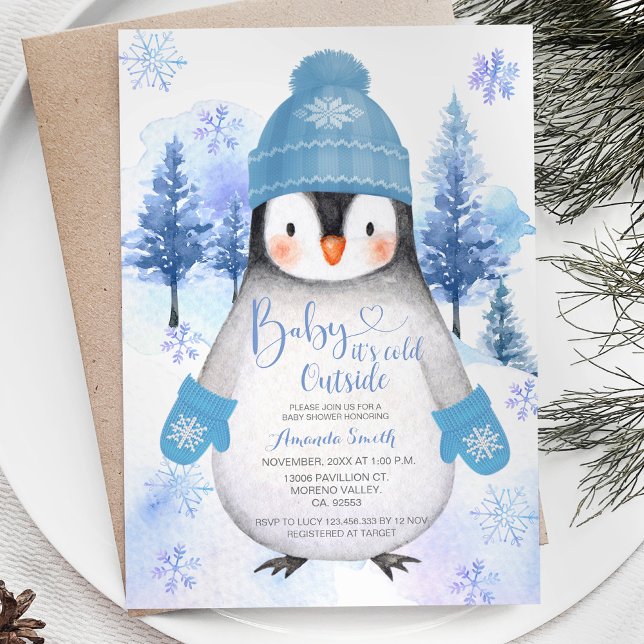 Penguin-stickad hatt Snöflingor Silver Blue Inbjudningar (Skapare uppladdad)