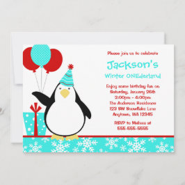 Penguin Teal Snöflingor Winter Onederland födelsed Inbjudningar