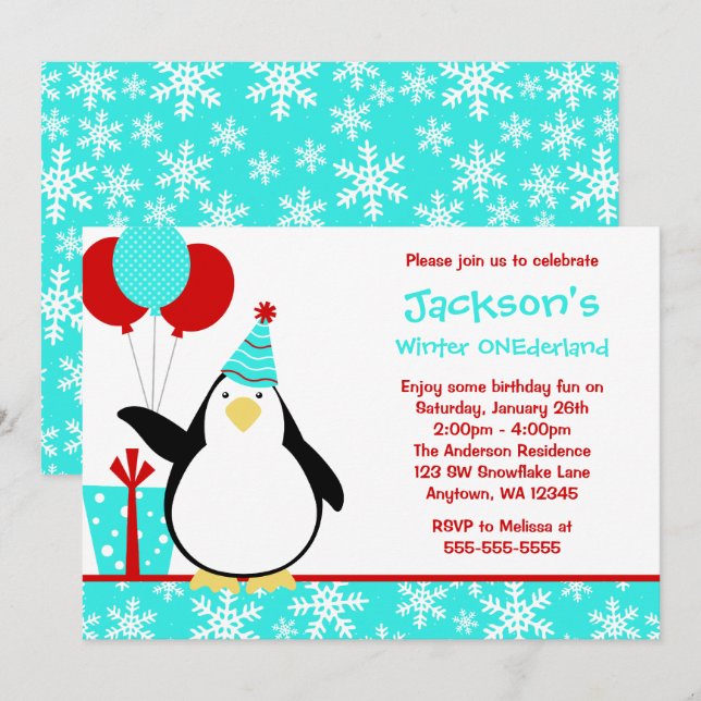 Penguin Teal Snöflingor Winter Onederland födelsed Inbjudningar (Fram/baksida)