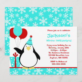 Penguin Teal Snöflingor Winter Onederland födelsed Inbjudningar