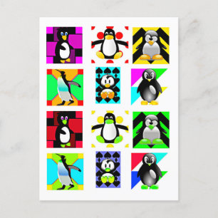 Penguin Tecknad Birds Abstrakt Art Collage Vykort