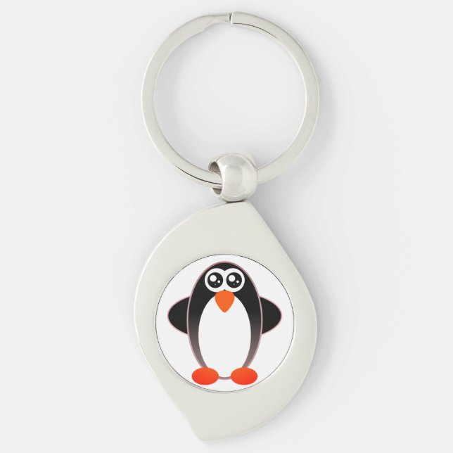 Penguin, Tecknad, svart och vitt Swirl Silverfärgad Nyckelring (Framsidan)