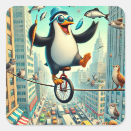 Penguin Unicyclist i staden - Whimsical Circus Fyrkantigt Klistermärke