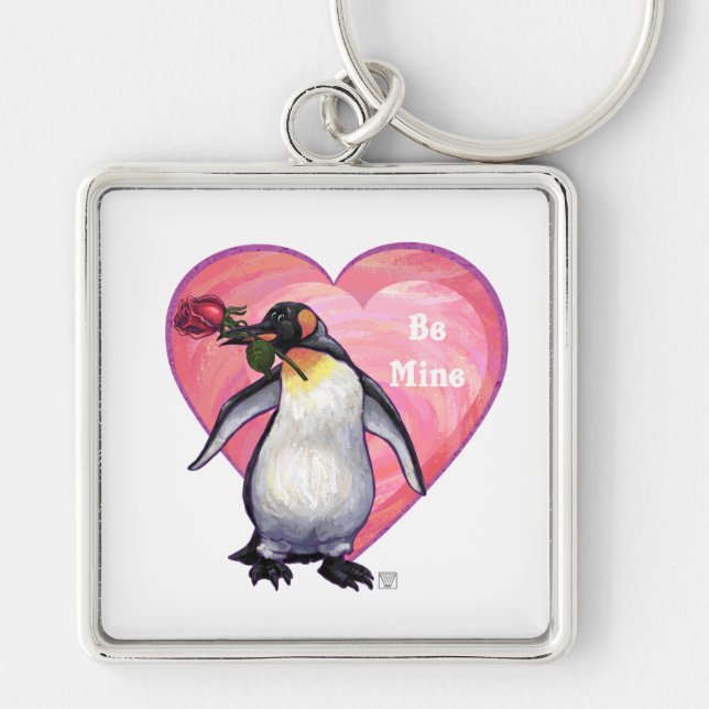 Penguin Valentindagen Fyrkantig Silverfärgad Nyckelring (Framsidan)