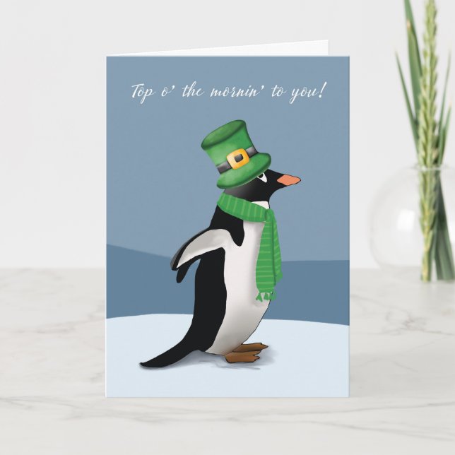 Penguin Wearing Grönt with Funny St Patricks Day Kort (Framsida)