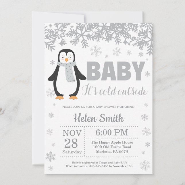 Penguin Winter Baby Shower Snowflake-inbjudan Inbjudningar (Framsida)