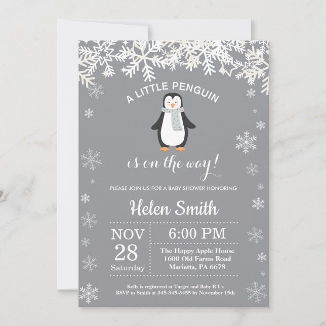 Penguin Winter Baby Shower Snowflake-inbjudan Inbjudningar (Framsida)