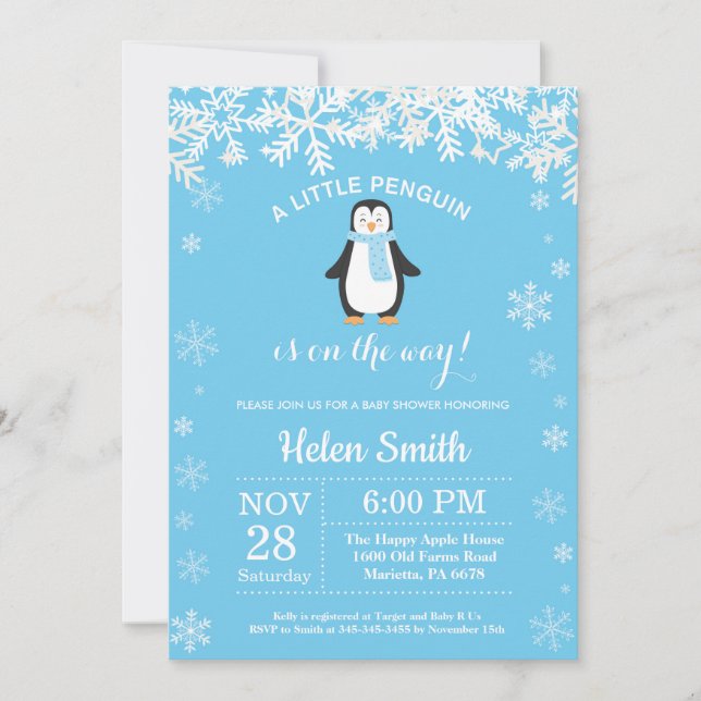 Penguin Winter Blue Boy Babyskor Snöflammor Inbjudningar (Framsida)