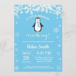 Penguin Winter Blue Boy Babyskor Snöflammor Inbjudningar