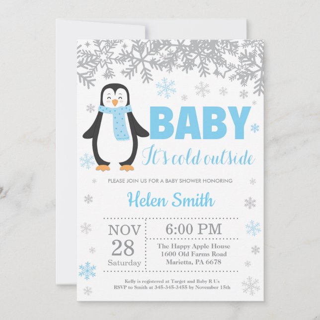 Penguin Winter Blue Boy Shower Snowflake Inbjudningar (Framsida)