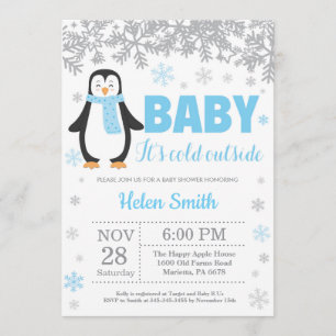 Penguin Winter Blue Boy Shower Snowflake Inbjudningar