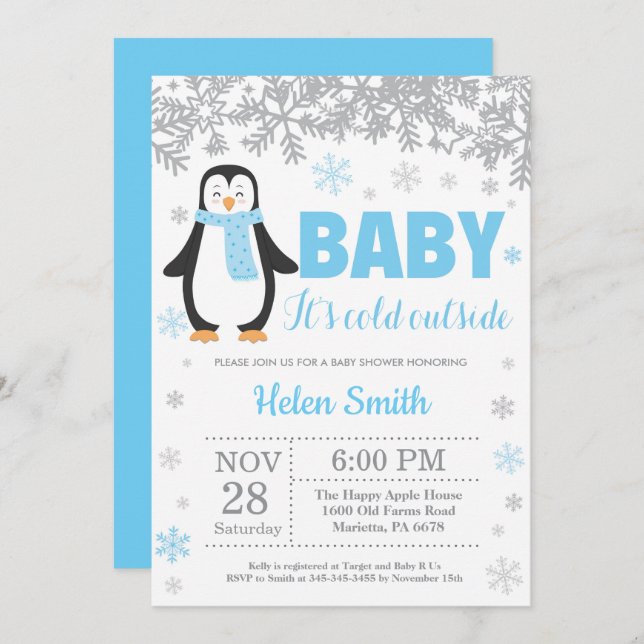 Penguin Winter Blue Boy Shower Snowflake Inbjudningar (Fram/baksida)