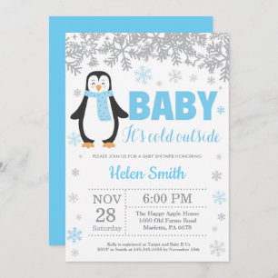 Penguin Winter Blue Boy Shower Snowflake Inbjudningar