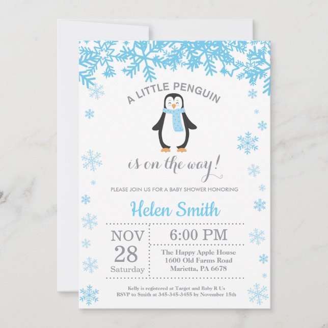 Penguin Winter Boy Babyskor Snöflammor Inbjudningar (Framsida)
