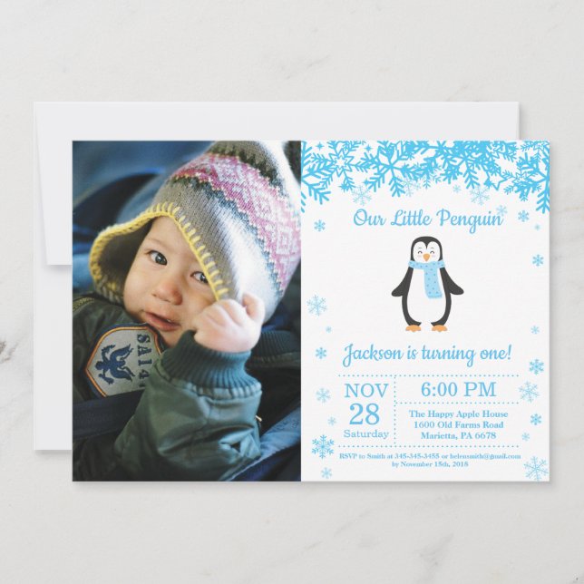 Penguin Winter Boy Birthday Photo Inbjudningar (Framsida)