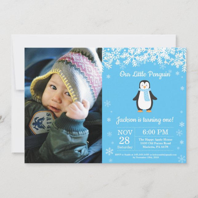 Penguin Winter Boy Birthday Photo Inbjudningar (Framsida)