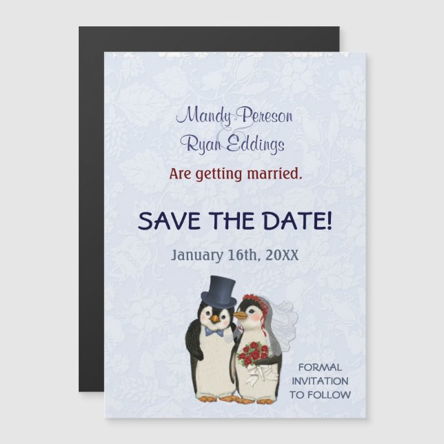 Penguin Winter-bröllop Magnetic Save Date Magnetisk Inbjudningskort (Fram/baksida)