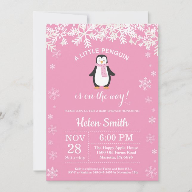 Penguin Winter Girl Baby Shower Snowflake Inbjudningar (Framsida)