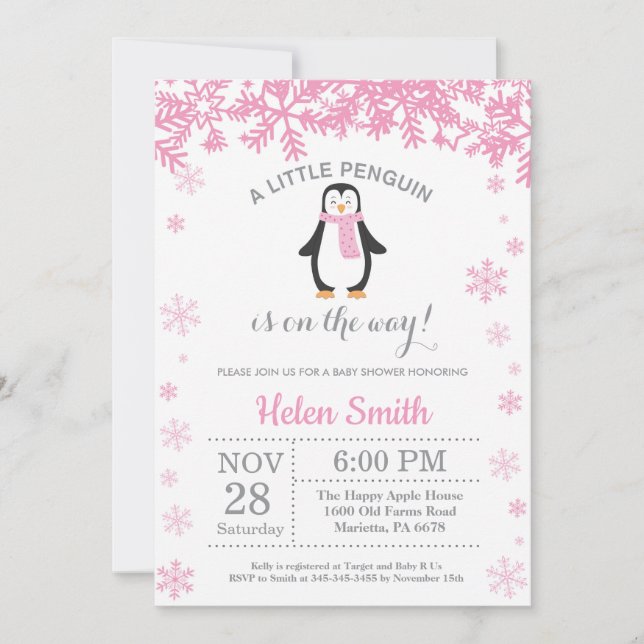 Penguin Winter Girl Baby Shower Snowflake Inbjudningar (Framsida)