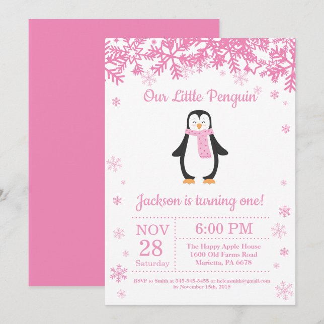 Penguin Winter Girl Birthday-inbjudan Inbjudningar (Fram/baksida)