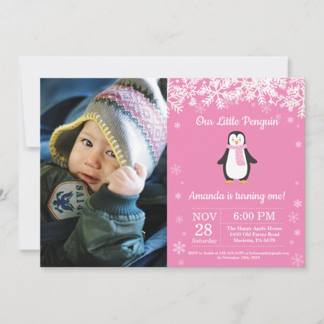 Penguin Winter Girl Birthday Photo Inbjudningar (Framsida)