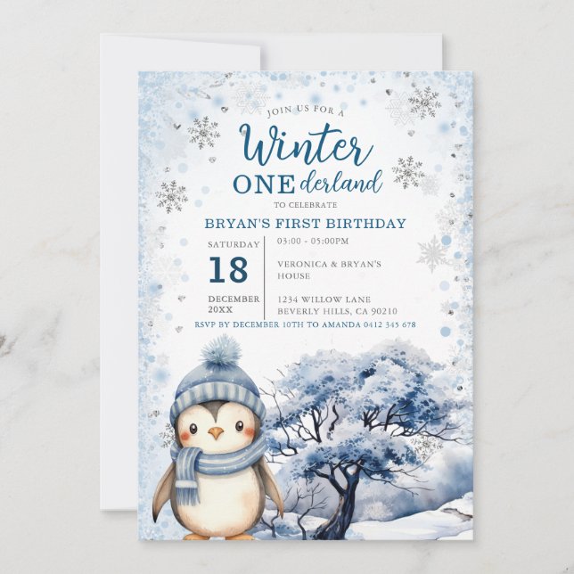 Penguin Winter Onederland Arctic Animals Birthday Inbjudningar (Framsida)