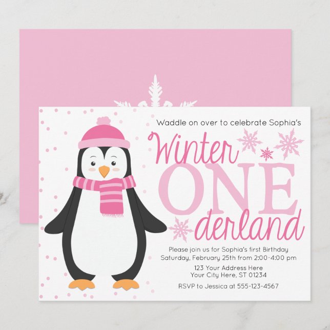 Penguin Winter ONEderland Birthday-inbjudan Inbjudningar (Fram/baksida)