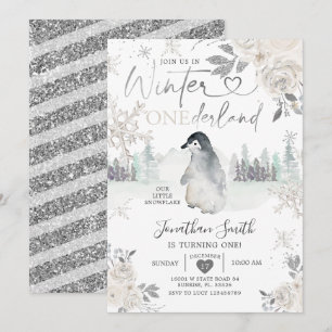 Penguin Winter Onederland Snowflake 1:a födelsedag Inbjudningar